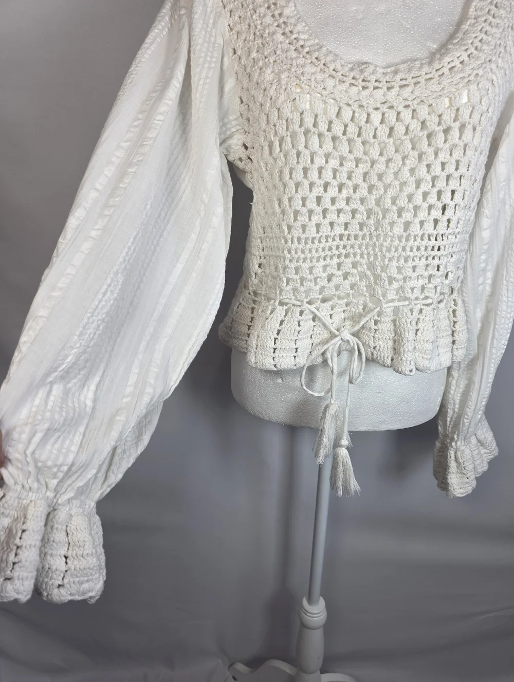 Free People Ivory Crochet Lace Boho Top Open Back Peplum Bell Sleeve Size L